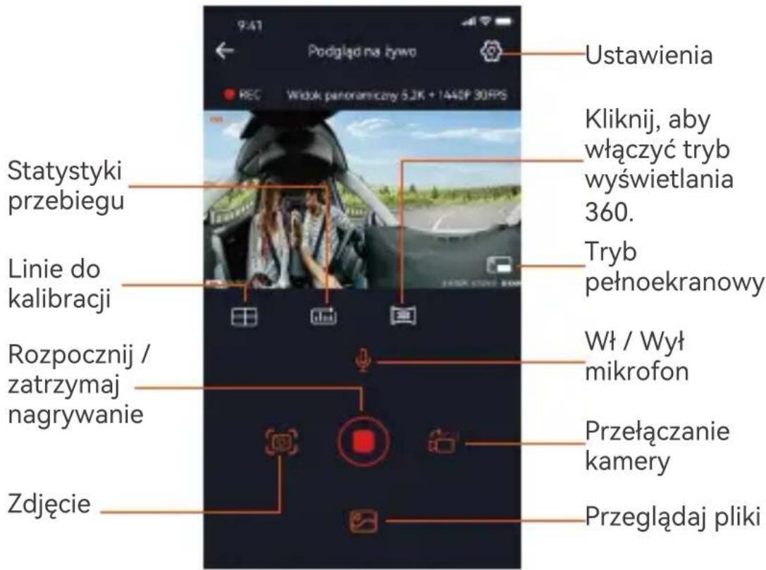 Ustawienia Kliknij, aby włączyć tryb wyświetlania 360. Statystyki przebiegu Linie do kalibracji Tryb pełnoekranowy Rozpocznij / zatrzymaj nagrywanie Wł / Wył mikrofon Przełączanie kamery Zdjęcie Przeglądaj pliki