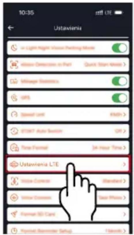 10:35 still LTE Ustawienia on Light Right Vision Parking Mode inline Direction on Part Quick Start Mode > Mileage Settings GPS Speed limit 800% STROM Auto Server Off > New Format 34 Hour Time > Ustawienia LTE > Online Connection Standard > Yellow Connection Sound Phone > Formset SD Card > Physical Remnant Setup Network >