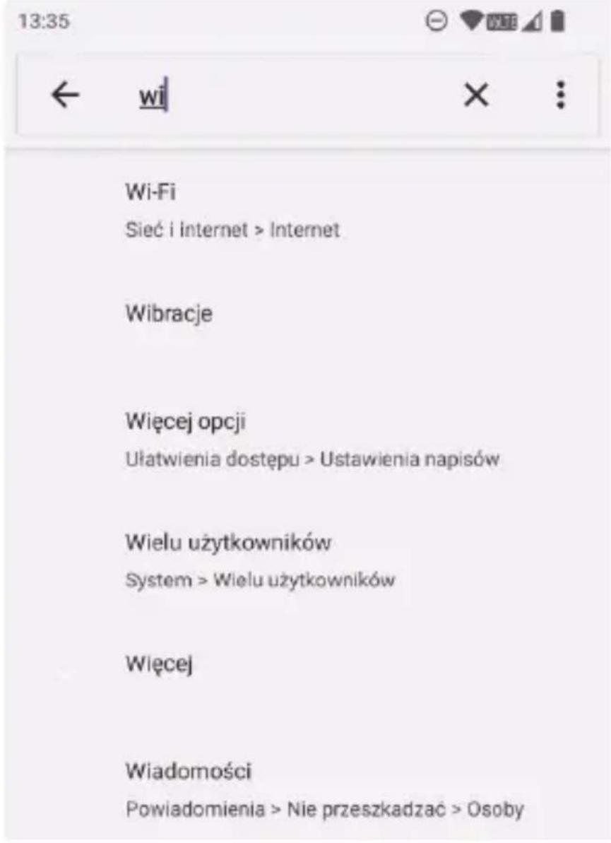 13:35 ← wi Wi-Fi Sieć i Internet > Internet Wibracje Wiecej opcji Ułatwienia dostępu > Ustawienia napisów Wielu użytkowników System > Wielu użytkowników Wiecej Wiadomości Powiadomienia > Nie przeszkadzać > Osoby