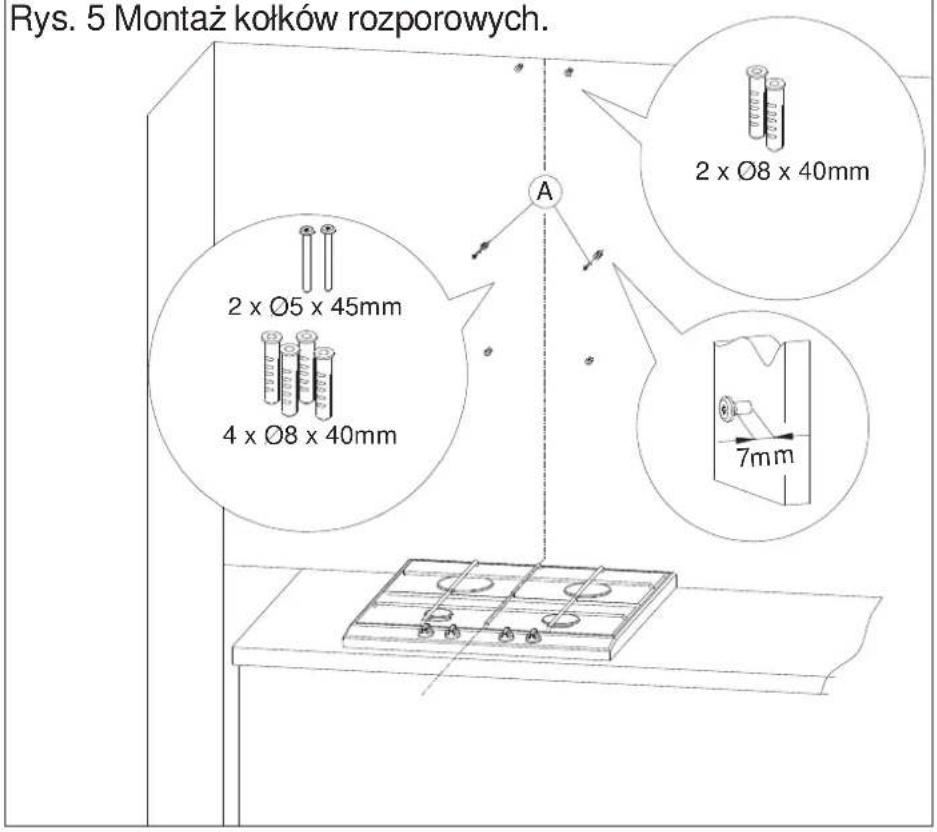 Rys. 5 Montaż kołków rozporowych. 2 x Ø8 x 40mm 2 x Ø5 x 45mm 4 x Ø8 x 40mm 7mm