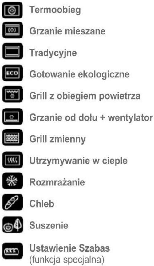 Termoobieg Grzanie mieszane Tradycyjne Gotowanie ekologiczne Grill z obiegiem powietrza Grzanie od dołu + wentylator Grill zmienny Utrzymywanie w cieple Rozmrażanie Chleb Suszenie Ustawienie Szabas (funkcja specjalna)