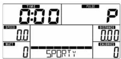 TIME 0:00 PULSE P SPEED 0.0 WATI 0 SPORTY DISTANCE 0.00 CALORIES 0