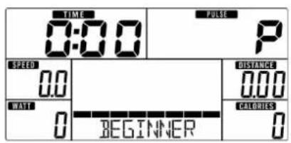 TIME 0:00 PULSE P SPEED 0.0 WATT 0 BEGINNER DISTANCE 0.00 CALORIES 0