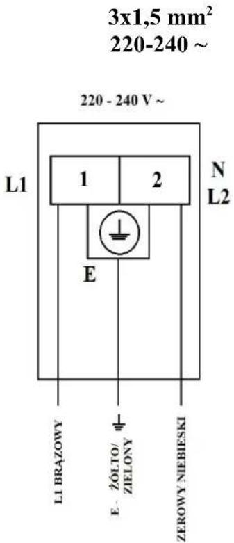 3x1,5 mm² 220-240 ~ 220 - 240 V ~ L1 1 2 N E L2 L1 BRAZOWY ± E-ZÓŁTO/ ZIELONY ZEROWY NIEBIESKI