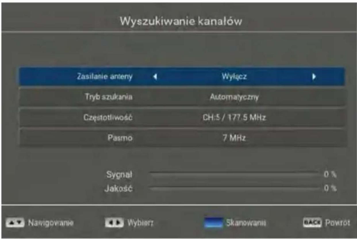Wyszukiwanie kanalów Zasilanie anteny Wyłącz Tryb szukania Automatyczny Częstotliwość CH:5 / 177.5 MHz Pasmo 7 MHz Sygnat 0 % Jakość 0 %