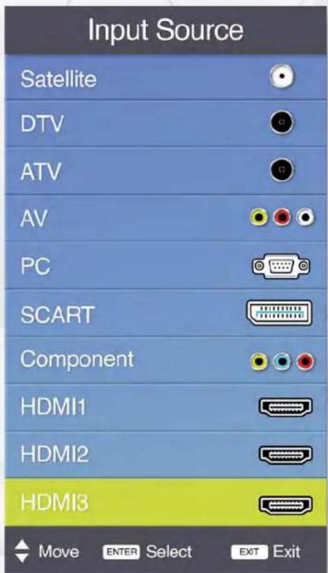 Input Source Satellite DTV ATV AV PC SCART Component HDMI1 HDMI2 HDMI3 Move ENTER Select EXIT Exit