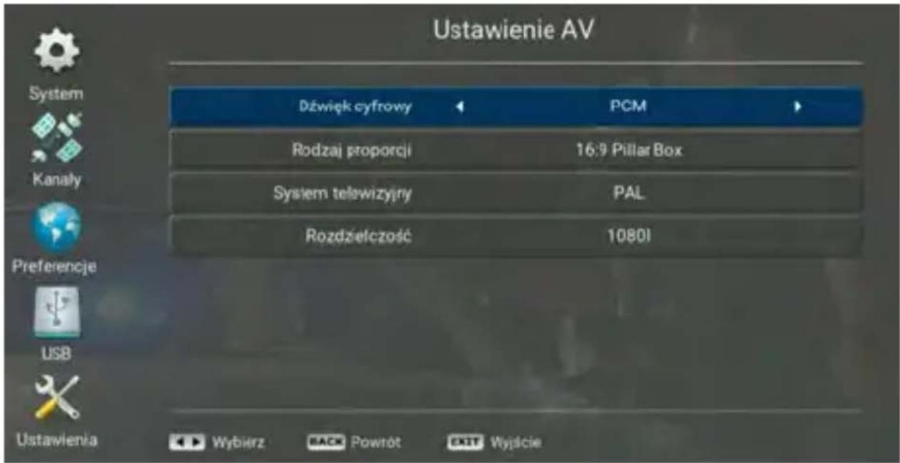 Ustawienie AV Dźwięk cyfrowy PCM Rodzaj proporcji 16:9 Pillar Box System telewiznyry PAL Rozdzielczość 1080I Wybierz ACK Powrót EXIT Wyjście Ustawienia