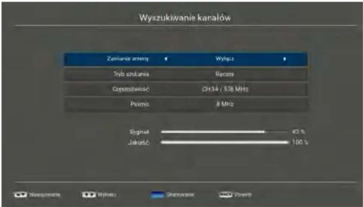 Wyszukiwanie kanałów Zazkaneo amery Wyłącz Tryb szukania Recovery Crzęstwidowość CH34 / 578 MHz Pisimo 8 MHz Signal 62 % Jakuść 100 %