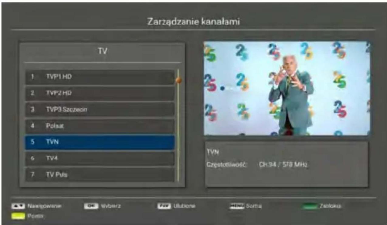 Zarządzanie kanałami TV 1 TVP1 HD 2 TVP2 HD 3 TVP3 Szczeion 4 Polsat 5 TVN 6 TV4 7 TV Puls TVM Crystotliwość: CH 94 / 578 MHz Nawspowane OK Wyberz PAV Libutiona HEN/ Sortia Zieloka Pomos
