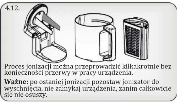 4.12. Proces jonizacji można przeprowadzić kilkakrotnie bez konieczności przerwy w pracy urządzenia. Ważne: po ostaniej jonizacji pozostaw jonizator do wyschnięcia, nie zamykaj urządzenia, zanim całkowicie się nie osuszy.