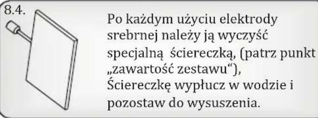 8.4. Po każdym użyciu elektrody srebrnej należy ją wyczyść specjalną ściereczką, (patrz punkt „zawartość zestawu“), Ściereczkę wypłucz w wodzie i pozostaw do wysuszenia.