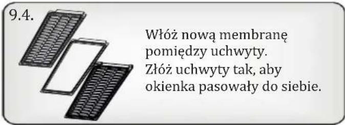 9.4. Włóż nową membranę pomiędzy uchwyty. Złóż uchwyty tak, aby okienka pasowały do siebie.