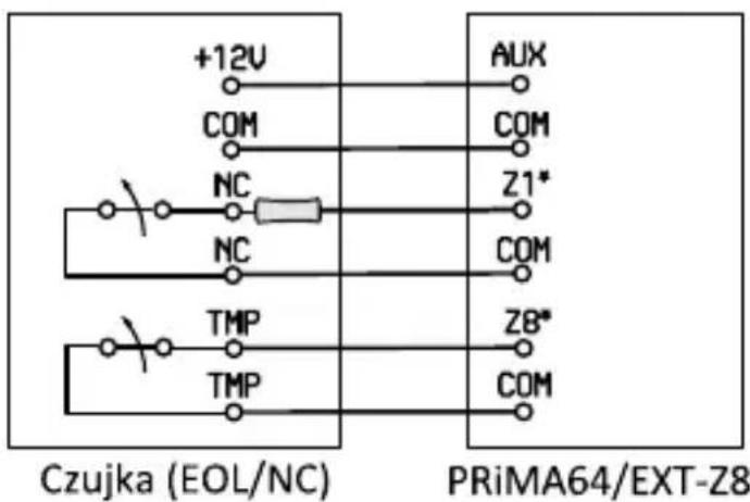+12V COM NC NC TMP TMP AUX COM Z1* COM ZB* COM Czujka (EOL/NC) PRiMA64/EXT-Z8
