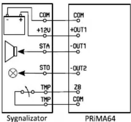 COM +12V STA STO TMP TMP COM +OUT1 -OUT1 -OUT2 Z8 COM Sygnalizator PRiMA64