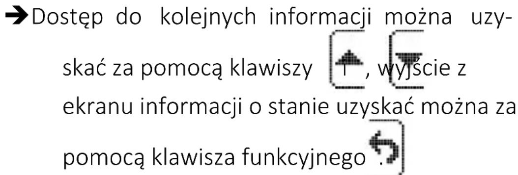 →Dostęp do kolejnych informacji można uzyskać za pomocą klawiszy 1 , wyjście z ekranu informacji o stanie uzyskać można za pomocą klawisza funkcyjnego .