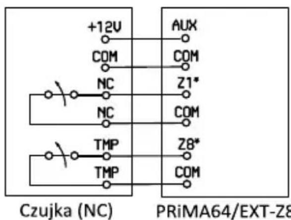 +12V COM NC NC TMP TMP AUX COM Z1* COM Z8* COM Czujka (NC) PRiMA64/EXT-Z8