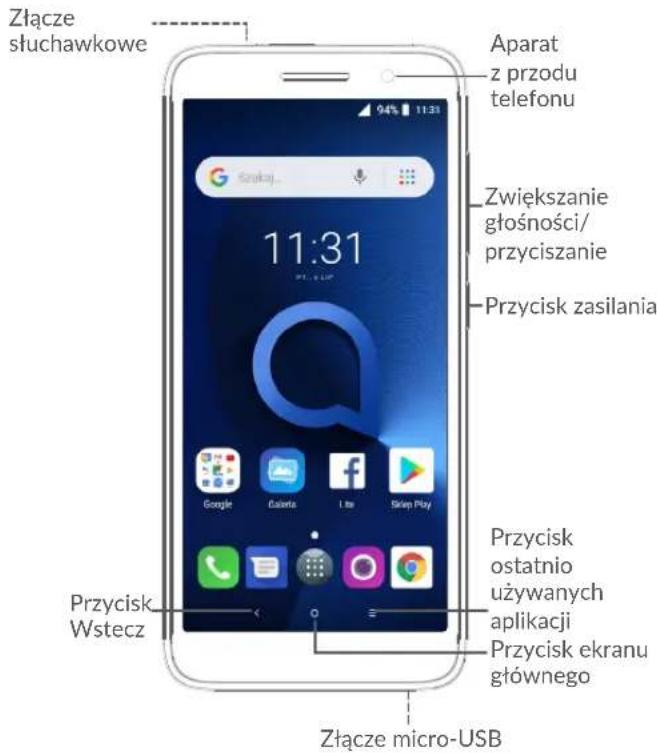 Złącze słuchawkowe Aparat z przodu telefonu 11:31 Zwiększanie głośności/ przyciszanie Przycisk zasilania Przycisk Wstecz Przycisk ostatnio używanych aplikacji Przycisk ekranu głównego Złącze micro-USB