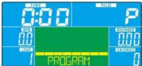 TIME 0:00 PULSE P RPM 0.0 LOAD 1 PROGRAM DISTANCE 0.00 CALORIES 0