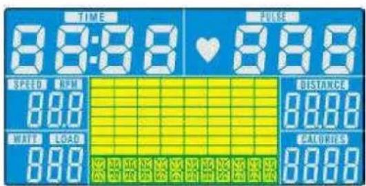 TIME 8:8:8 FULSE 8:8 SPEED RPM 88.8 DISTANCE 88.8 WATE LOAD 88.8 CALORIES 88.8