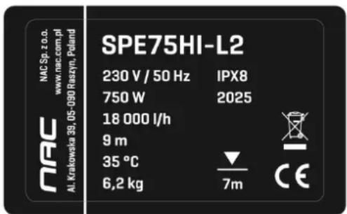 NAC SPE75HI-L2 - Inne oznaczenia na urządzeniu - 1