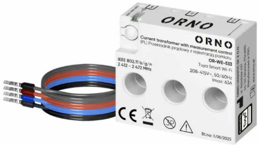 ORNO Current transformer with measurement control (PL) Przekiadnik prądowy z rejestracją pomiaru OR-WE-533 Tuya Smart Wi-Fi 208-415V~, 50/60Hz Imax: 63A CE 3P ! Bt.no: 1/06/2025