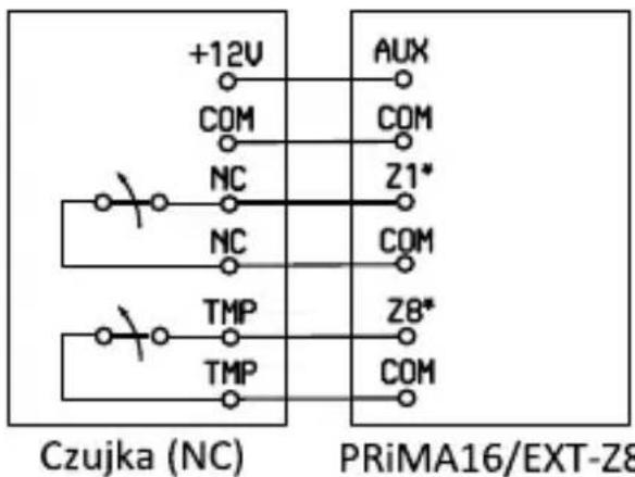 +12V COM NC NC TMP TMP AUX COM Z1* COM Z8* COM Czujka (NC) PRiMA16/EXT-Z8