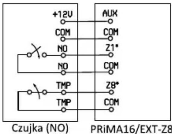 +12V COM NO NO TMP TMP AUX COM Z1* COM Z8* COM Czujka (NO) PRiMA16/EXT-Z8