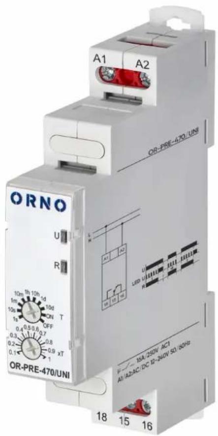 A1 A2 OR-PRE-470/UNI ORNO U R 10m 1h 10h 1d 1m 10d 10s ON T OFF 0.4 0.5 0.6 0.7 0.3 0.8 0.2 0.9 xT 0.1 1 OR-PRE-470/UNI V~ 16A/250V AC1 A1/A2/AC/DC TE-240V SO/50Hz 18 15 16