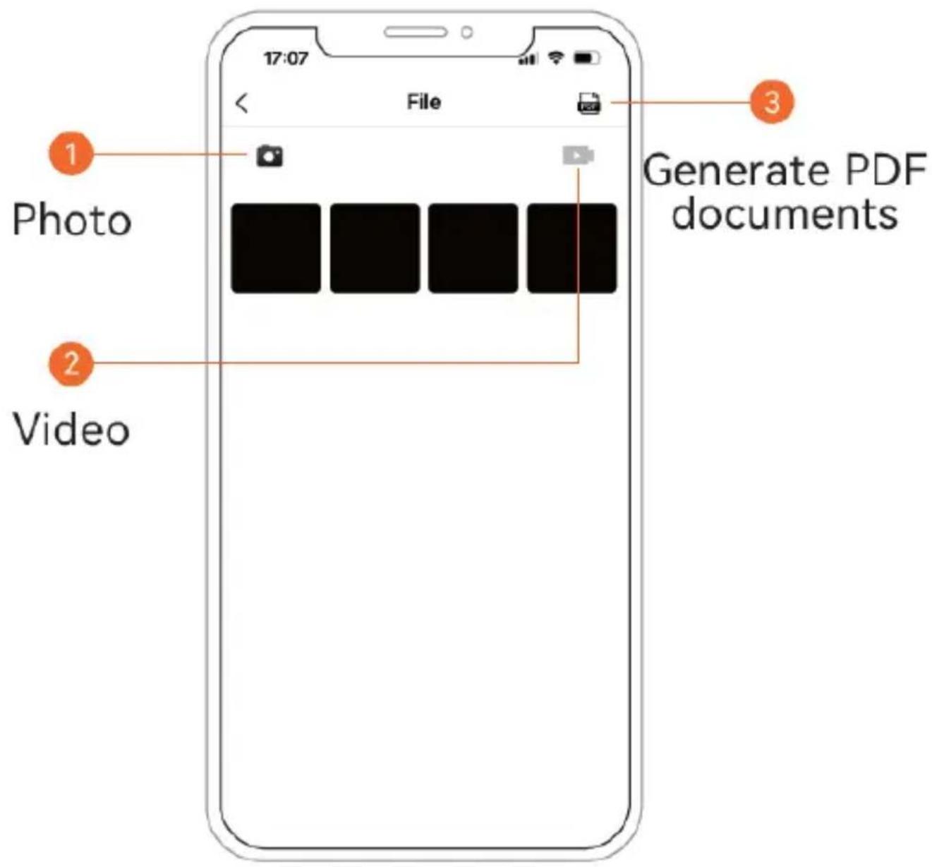 17:07 File 1 Photo 2 Video Generate PDF documents 3