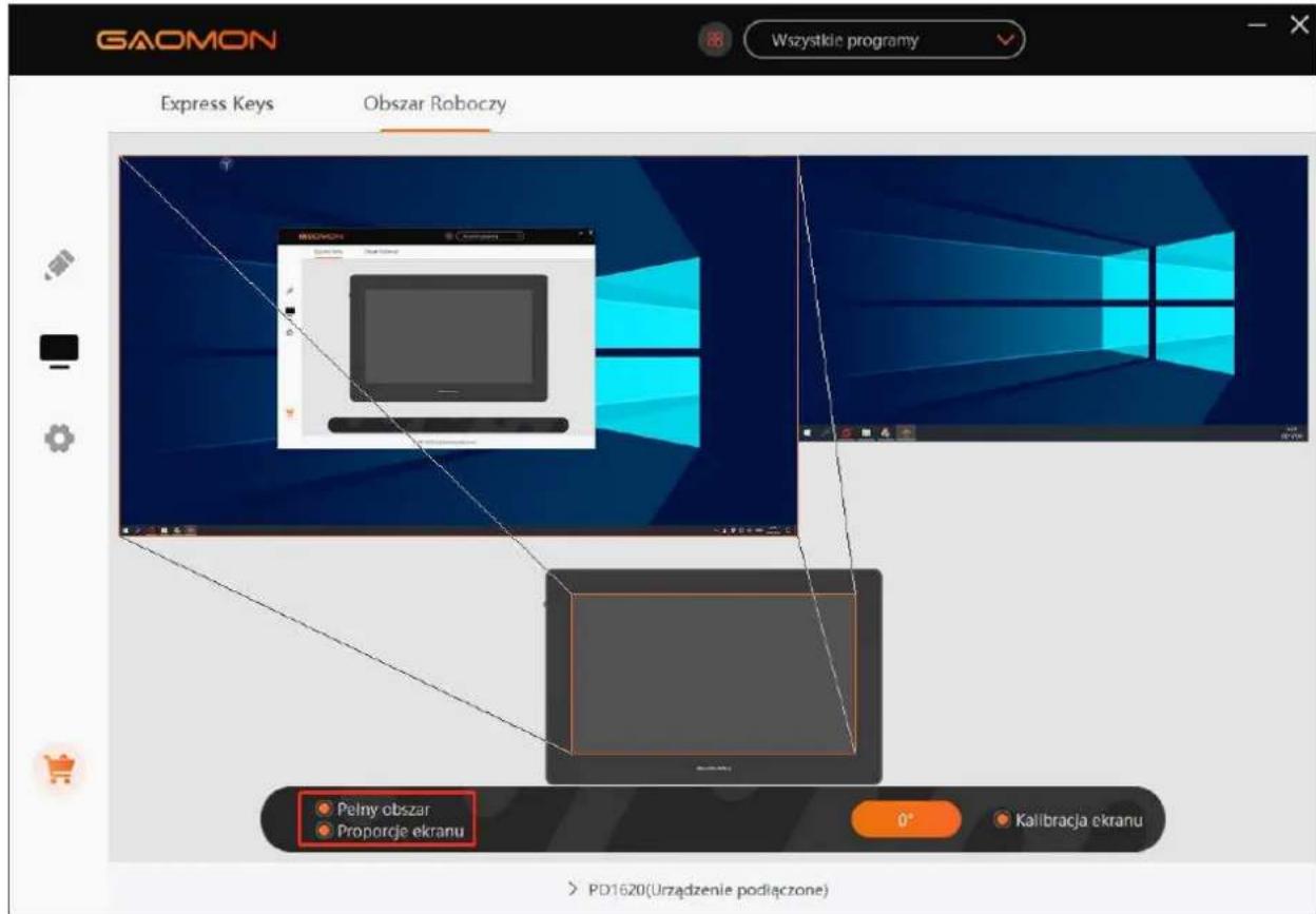 GAOMON Wszystkie programy Express Keys Obszar Roboczy Pelny obszar Proporcje ekranu 0° Kalibracja ekranu > PD1620(Urzadzenie podłączone)