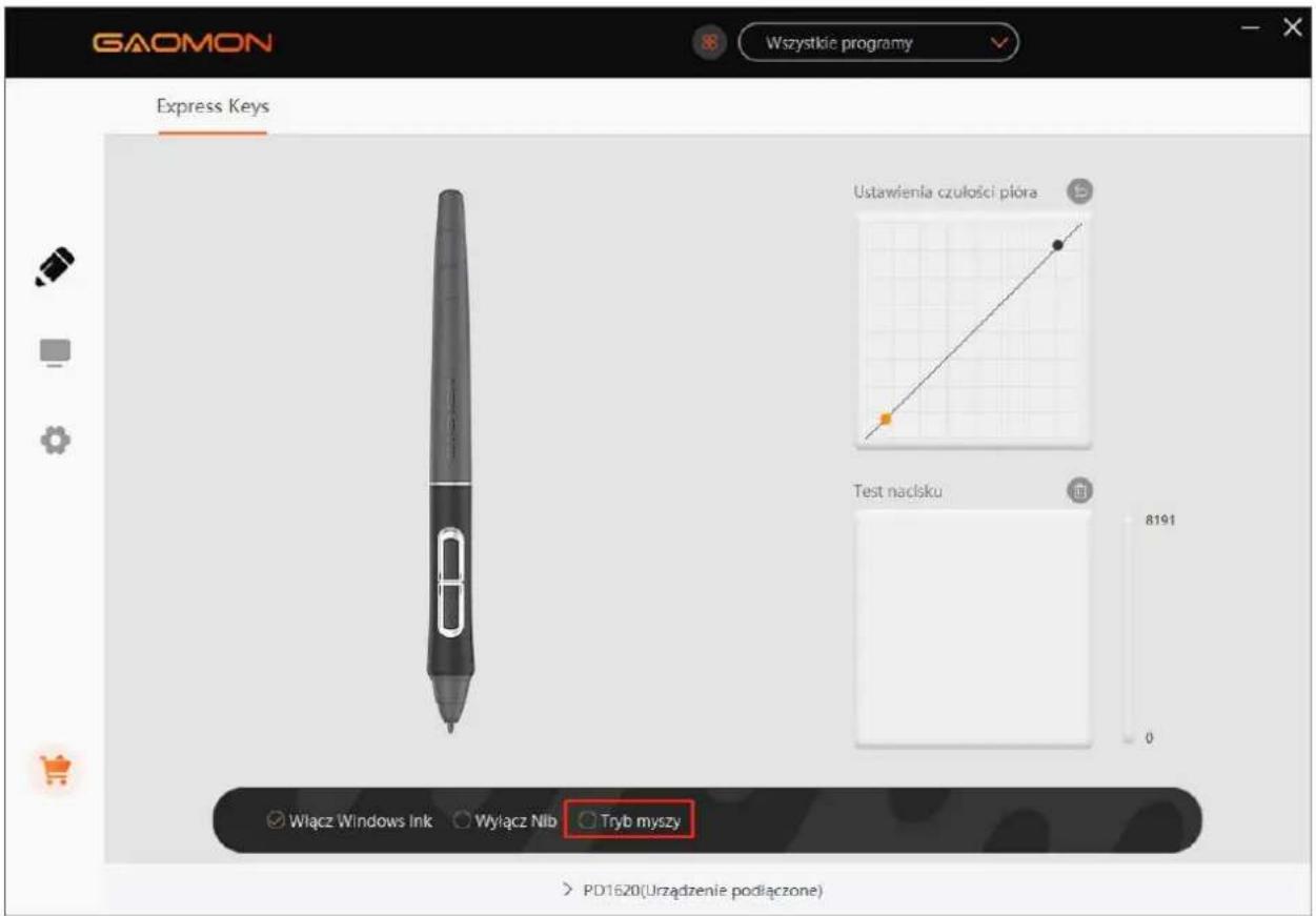 GAOMON Wszystkie programy Express Keys Ustawienia czułości pióra Test naklsku 8191 0 Włącz Windows Ink Wyłącz Nib Tryb myszy > PD1520(Urzadzenie podłączone)