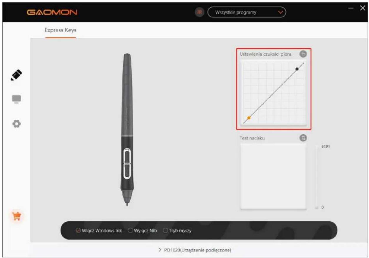 GAOMON Wszystkie programy Express Keys Ustawienia czulosci pióra Test nacisku 8191 0 Włącz Windows Ink Wyrącz Nlb Tryb myszy > PD1620(Urzadzenie podłączone)
