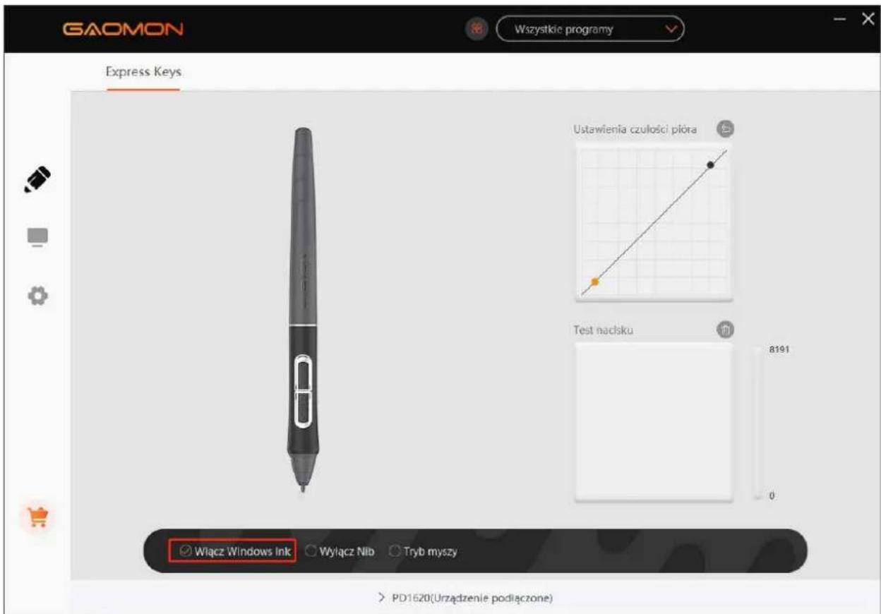 GAOMON Wszystkie programy Express Keys Ustawienia czulosci pióra Test nadlsku 8191 0 Włącz Windows Ink ○ Wyłącz Nib ○ Tryb myszy > PD1620(Urzadzenie podłączone)