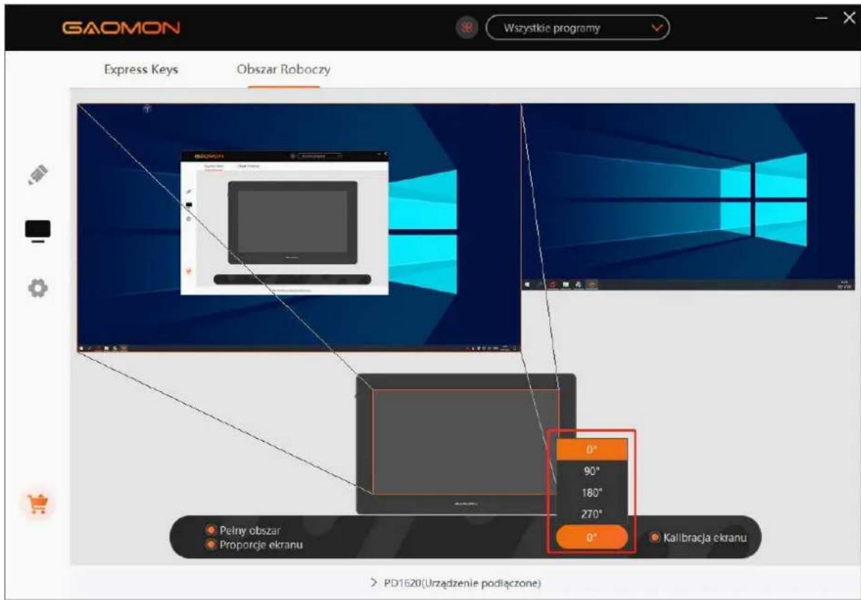 GAOMON Wszystkie programy Express Keys Obszar Roboczy PBOMON 0° 90° 180° 270° 0° Kalibracja ekranu Pely obszar Proporcje ekranu > PD1620(Urzadzenie podłączone)