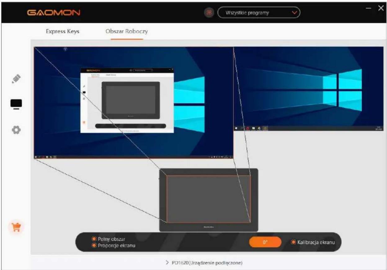 GAOMON Wszystkie programy Express Keys Obszar Roboczy PD1620(Urzadzenie podłączone) Petny obszar Proporcje ekranu 0° Kalibracja ekranu
