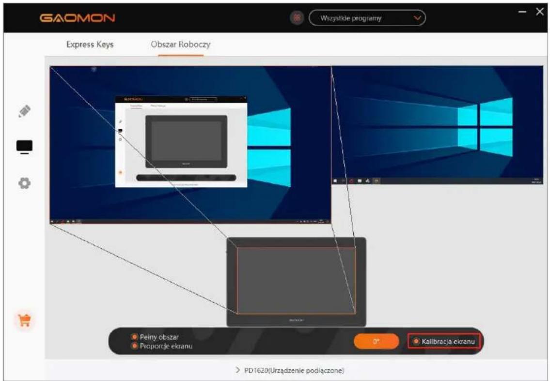 GAOMON Wszystkie programy Express Keys Obszar Roboczy Pełny obszar Proporcje ekranu Kalibracja ekranu > PD1620(Urzadzenie podłączone)