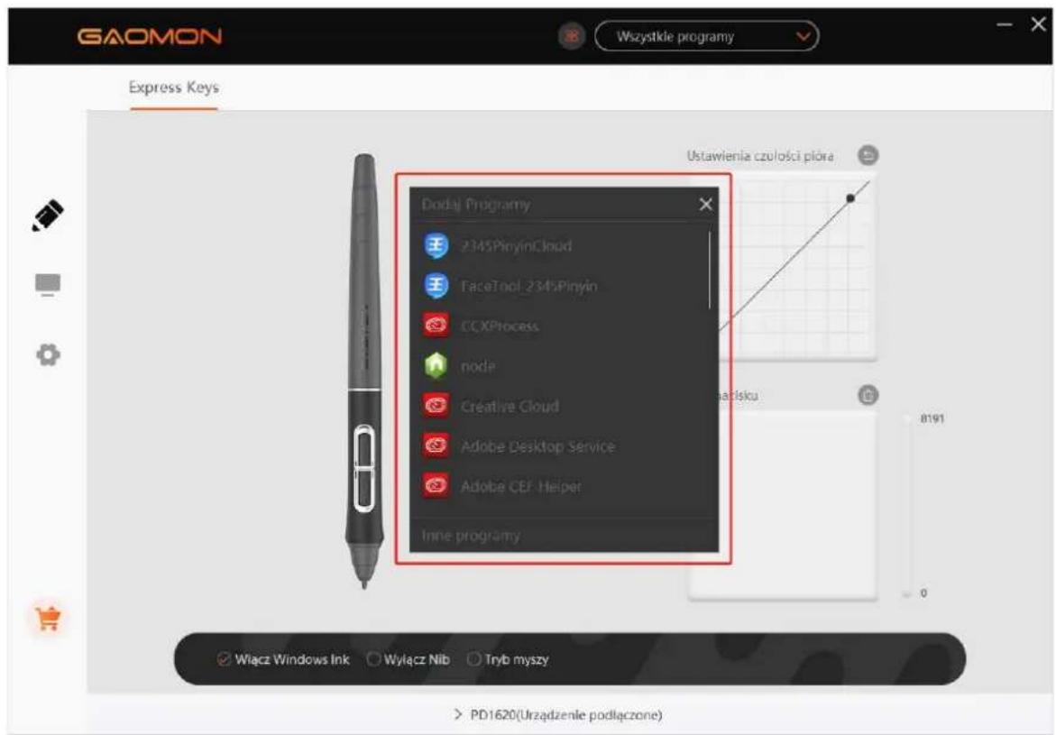 GAOMON Wszystkłe programy Express Keys Ustawienia czułości płióra Doday Programy 2345PinyinCloud FaceTool_2345Pinyin CCXProcess node Creative Cloud Adobe Desktop Service Adobe CEF Heiper Inne programy Włącz Windows Ink Wyłącz Nib Tryb myszy > PD1620(Urzadzenie podłączone)