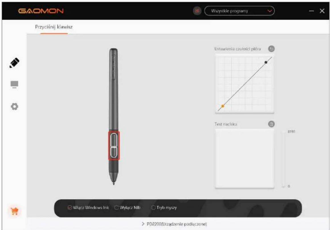 GAOMON Wszystkie programy Przyciśnij klawisz Ustawienia czutości plóra Test nacisku 8191 Włącz Windows Ink Wyłącz Nlb Tryb myszy > PD2200(Urzadzenie podłączone)