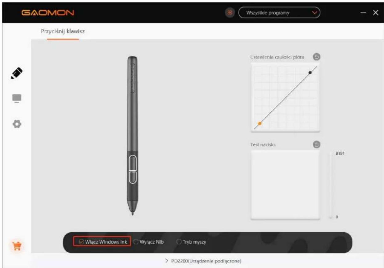GAOMON Wszystkie programy Przyciśnij klawisz Ustawienia czulości płóra Test nacisku Włącz Windows Ink Wyłącz Nib Tryb myszy > PD2200(Urzadzenie podłączone)