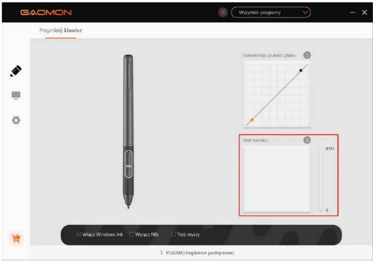 GAOMON Wszystkie programy Przyciśnij klawisz Ustawienia czulości plóra Test nacisku 8191 0 Włącz Windows Ink Wylącz Nib Tryb myszy > PD2200(Urzadzenie podłączone)