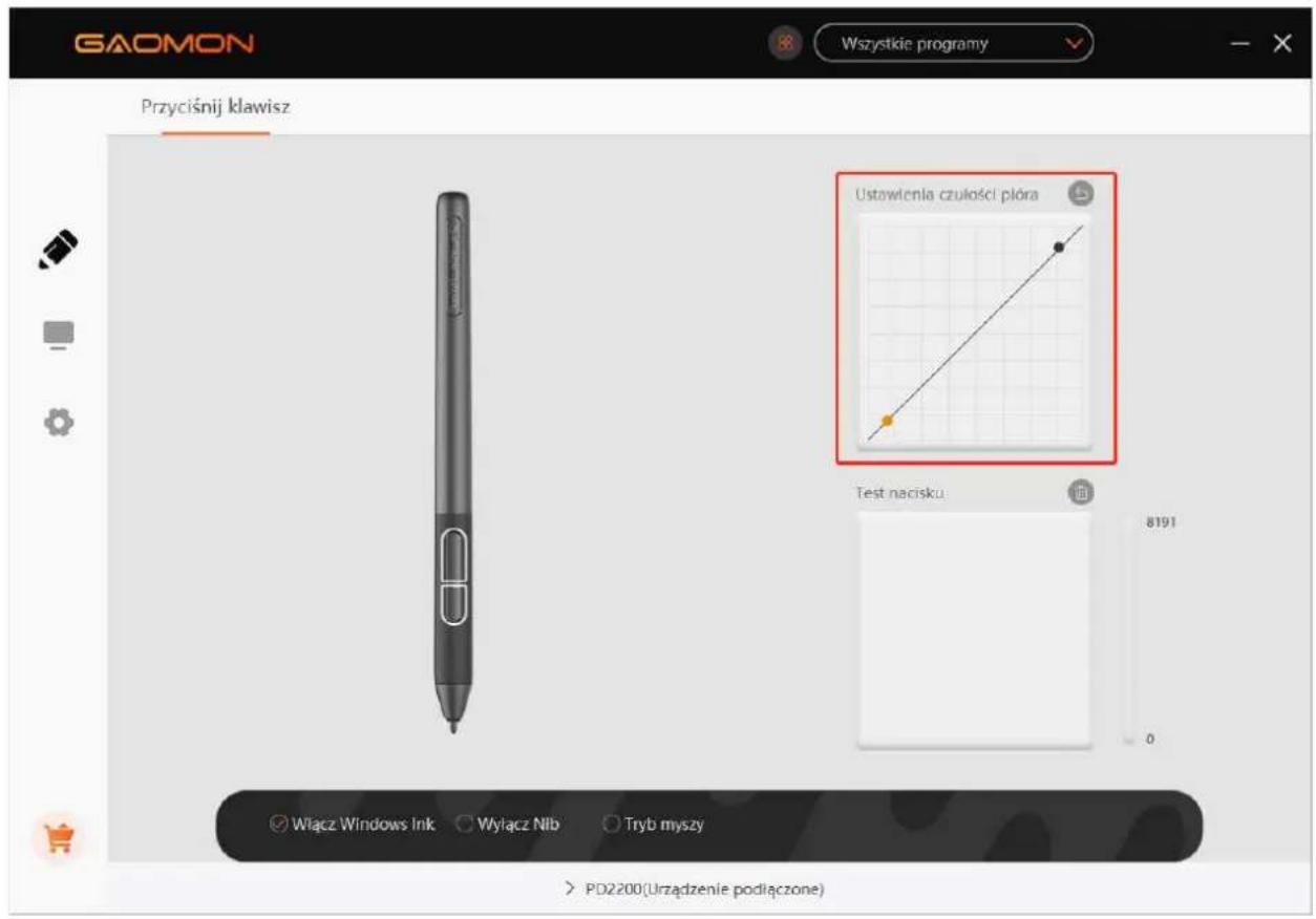 GAOMON Wszystkie programy Przyciśnij klawisz Ustawlenia czulości pióra Test nacisku 8191 Wiącz Windows Ink Wiącz Nib Tryb myszy > PD2200(Urzadzenie podłączone)