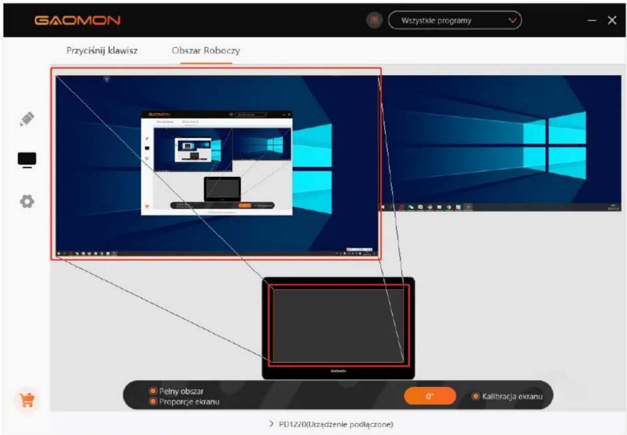 GAOMON Wszystkie programy Przyciśnij klawisz Obszar Roboczy Pełny obszar Proporcje ekranu 0° Kalibracja ekranu PD1220(Urzadzenie podłączone)