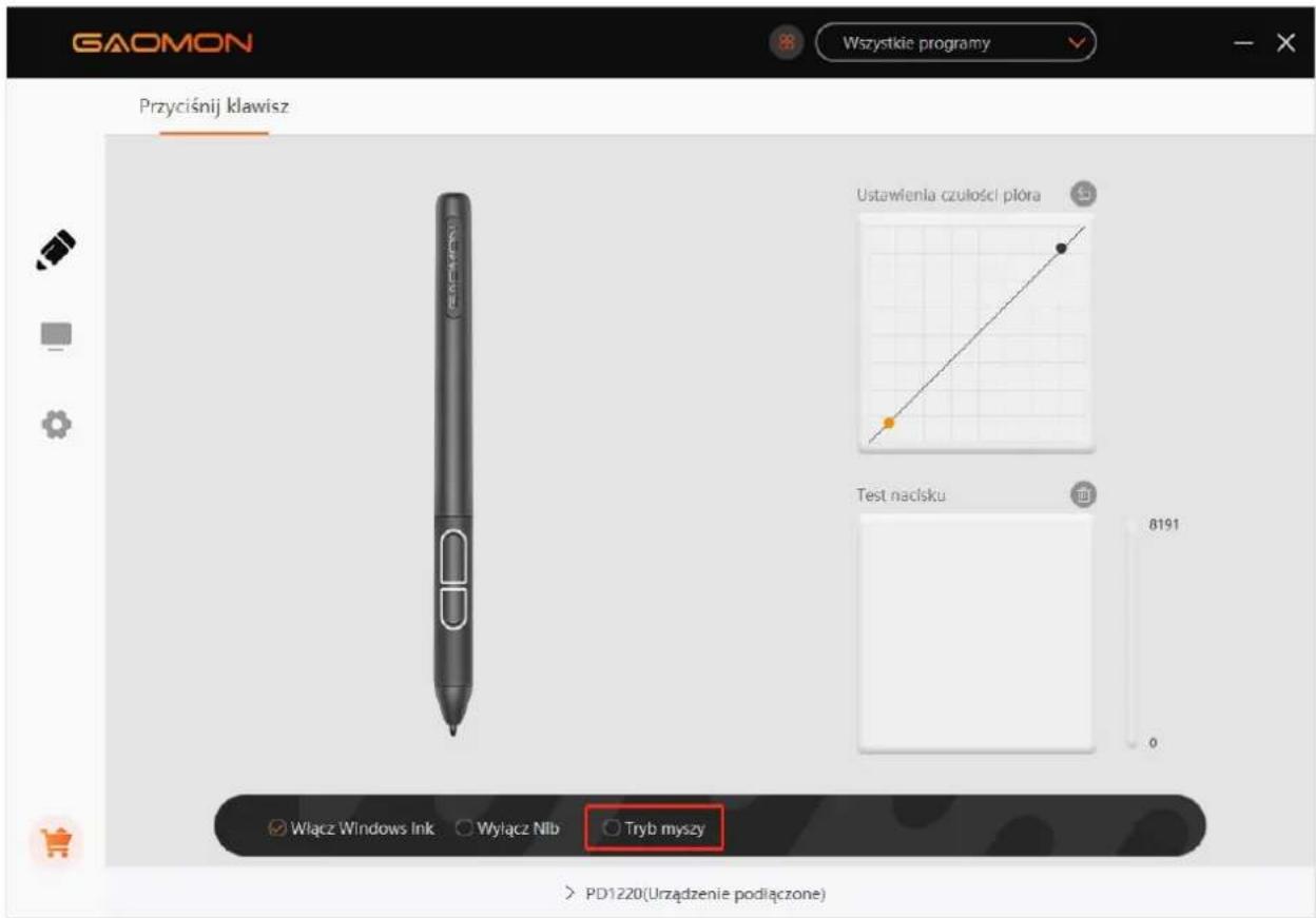 GAOMON Wszystkie programy Przyciśnij klawisz Ustawienia czułości płóra Test naklsku Włącz Windows Ink ○ Wyłącz Nlb ○ Tryb myszy 8191 0 > PD1220(Urzadzenie podłączone)