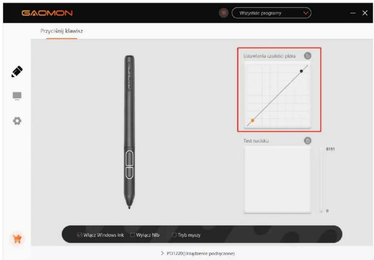 GAOMON Wszystkie programy Przyciśnij klawisz Ustawlenia czułości plóra Test nacisku 8191 0 Włącz Windows Ink ○ Wyłącz Nlb ○ Tryb myszy PD1220(Urzadzenie podłączone)