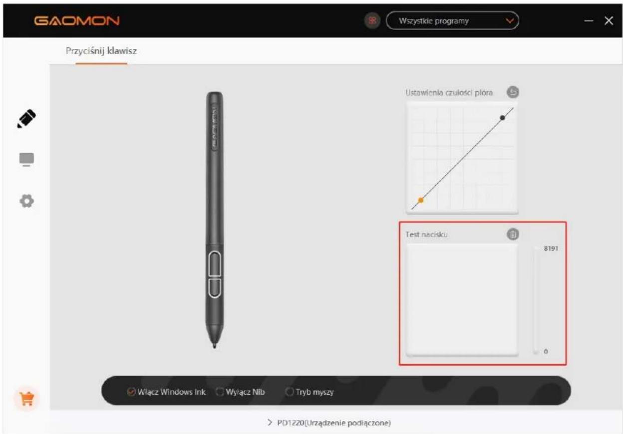 GAOMON Wszystkie programy Przyciśnij klawisz Ustawienia czulosci plora Test nacisku 8191 0 Włącz Windows Ink Wylącz Nib Tryb myszy > PD1220(Urzadzenie podłączone)
