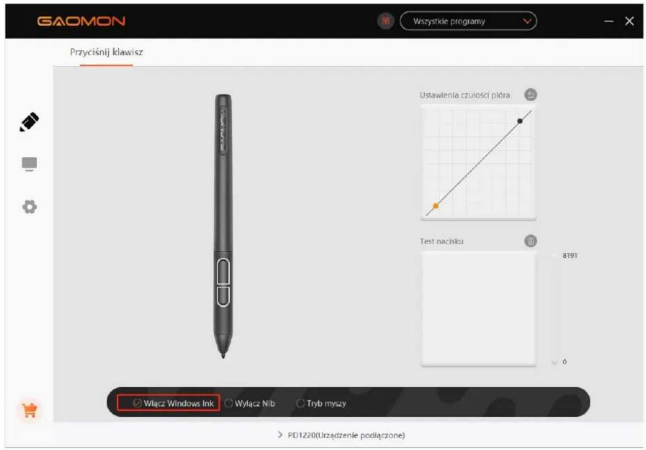 GAOMON Wszystkie programy Przyciśnij klawisz Ustawienia czulosci plóra Test nacisku Włącz Windows Ink Wyłącz Nib Tryb myszy > PD1220(Urzadzenie podłączone)