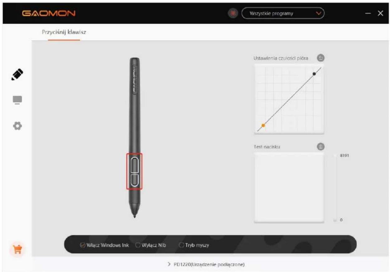 GAOMON Wszystkie programy Przyciśnij Idawisz Ustawlenia czulosci plóra Test nacisku 8191 0 Włącz Windows Ink ○ Wyłącz Nib ○ Tryb myszy > PD1220(Urzadzenie podłączone)