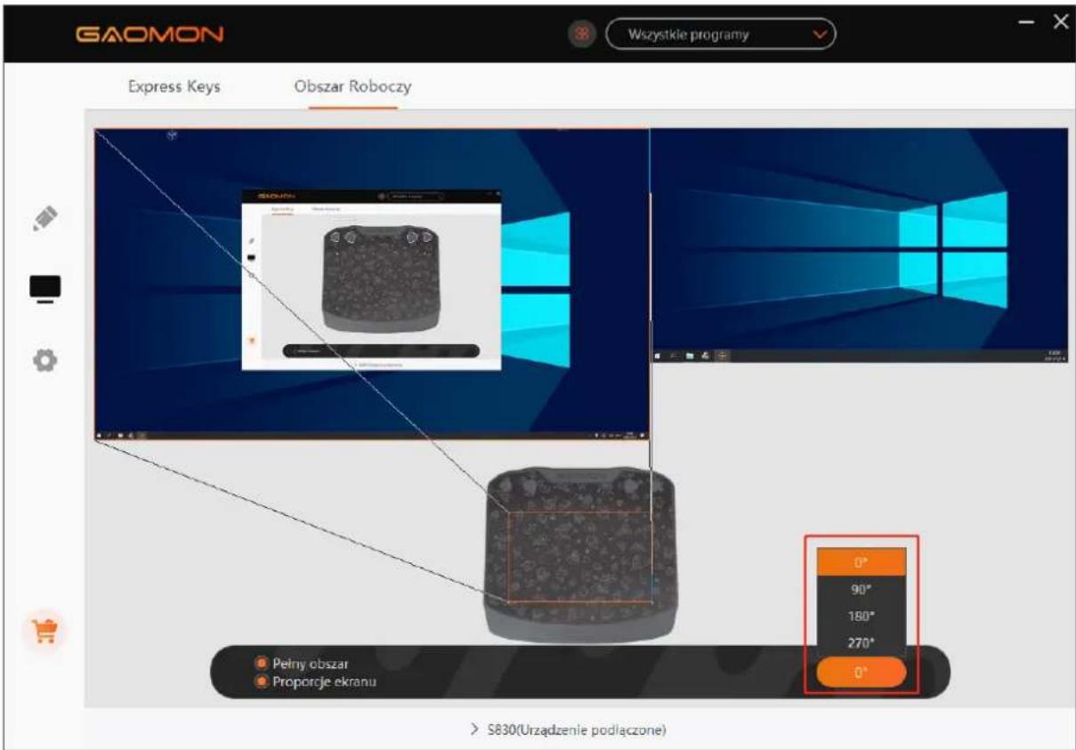 GAOMON Wszystkie programy Express Keys Obszar Roboczy S830(Urzadzenie podłączone) Petny obszar Proporcje ekranu 0° 90° 180° 270° 0°