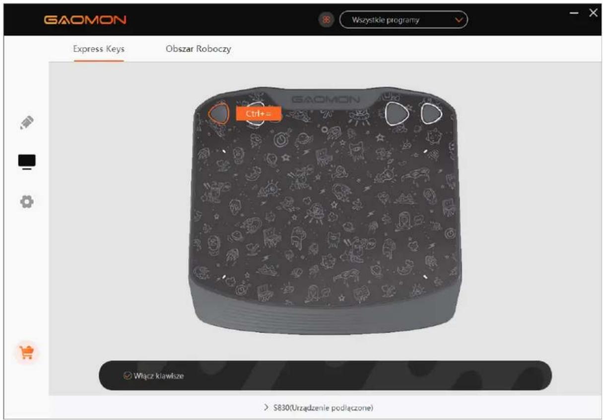 GAOMON Wszystkie programy Express Keys Obszar Roboczy Ctrl+= GAOMON Włącz klawisze > S830(Urzadzenie podłączone)