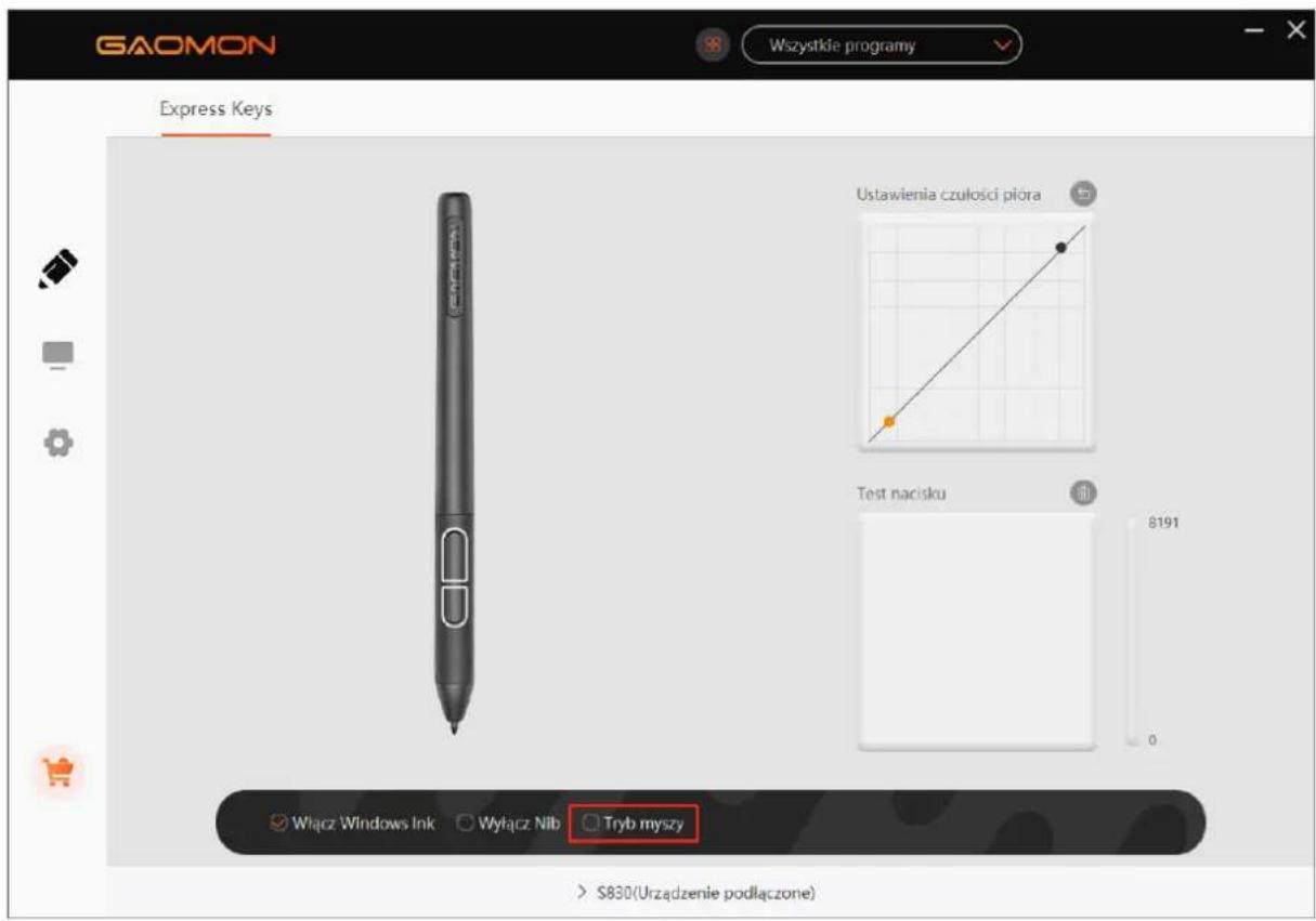 GAOMON Wszystkie programy Express Keys Ustawienia czulosci piśra Test nacisku Włącz Windows Ink Włącz Nib Tryb myszy $191 0 $830(Urzadzenie podłączone)